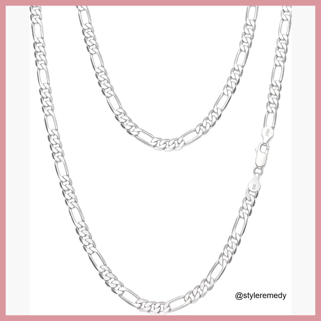 925 Sterling Silver Figaro Chain Necklace Diamond Cut Link Lobster Clasp